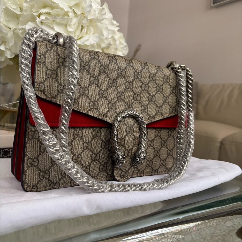Designer Inspired G G Supreme Shoulder Bag in Brown Monogram with Red Suede - Picture 14 of 14